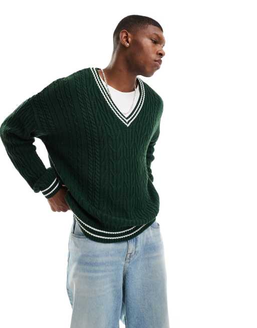 CerbeShops DESIGN - Maglione oversize in maglia a trecce stile cricket verde con bordi bianchi