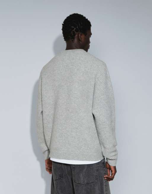 ASOS DESIGN maglione oversize in misto lana a coste grigio mélange, 4 di 7