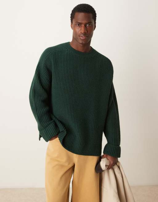 ASOS DESIGN Maglione oversize in misto lana pesante verde scuro a coste