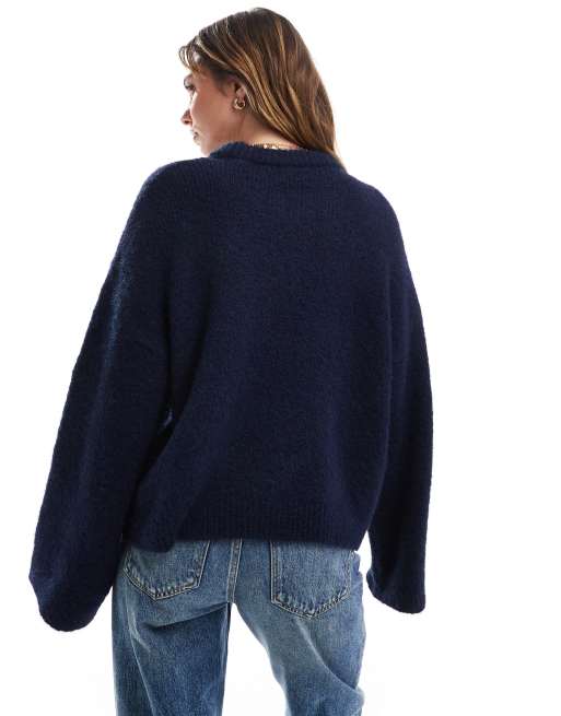 ASOS DESIGN - Maglione oversize in misto lana soffice con maniche ampie blu navy, 4 di 4