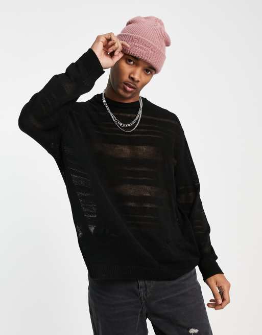 ASOS DESIGN - Maglione oversize in rete nera a righe