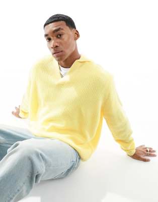 ASOS DESIGN - Maglione oversize lavorato a coste fisherman con intaglio sul collo giallo