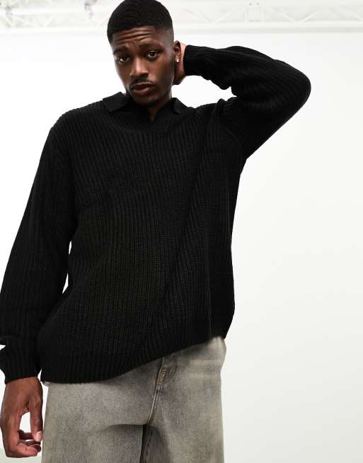 ASOS DESIGN - Maglione oversize lavorato a coste inglesi nero con intaglio sul collo, 2 di 4