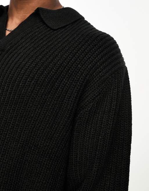 ASOS DESIGN - Maglione oversize lavorato a coste inglesi nero con intaglio sul collo, 3 di 4