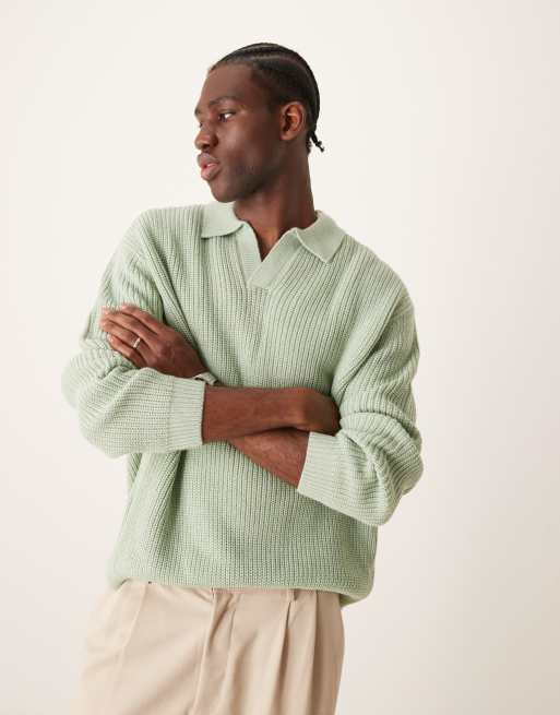 ASOS DESIGN - Maglione oversize lavorato a coste inglesi verde salvia con intaglio sul collo