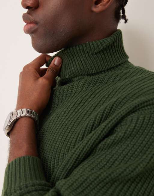 ASOS DESIGN - Maglione oversize lavorato a coste inglesi verde scuro con collo alto, 2 di 4