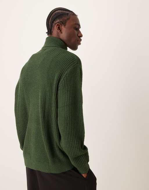 ASOS DESIGN - Maglione oversize lavorato a coste inglesi verde scuro con collo alto, 3 di 4