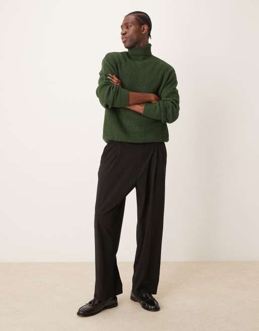 ASOS DESIGN - Maglione oversize lavorato a coste inglesi verde scuro con collo alto, 4 di 4