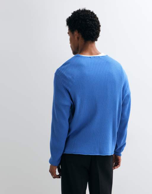 ASOS DESIGN maglione oversize lavorato a maglia con collo a V blu a coste, 5 di 5