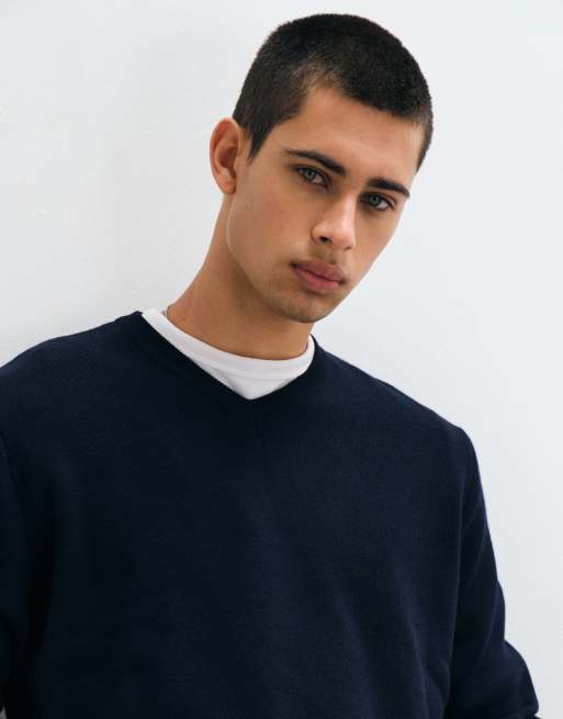 ASOS DESIGN maglione oversize lavorato a maglia con scollo a V in blu navy, 3 di 5