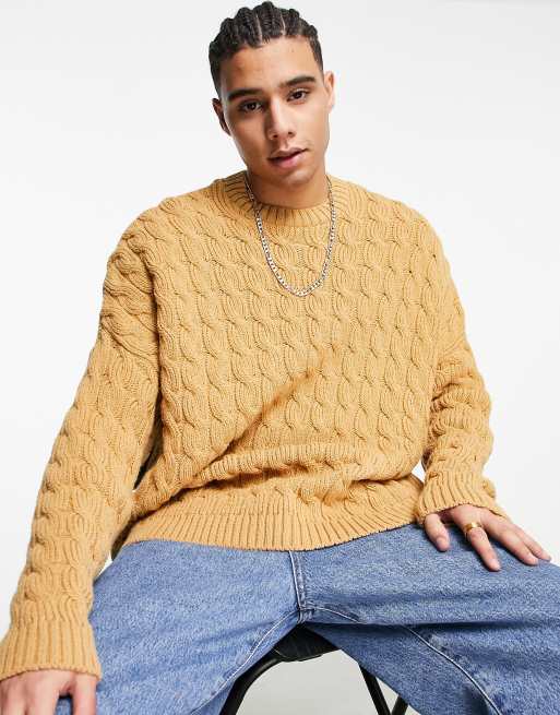 ASOS DESIGN - Maglione oversize lavorato a trecce spesse color cammello