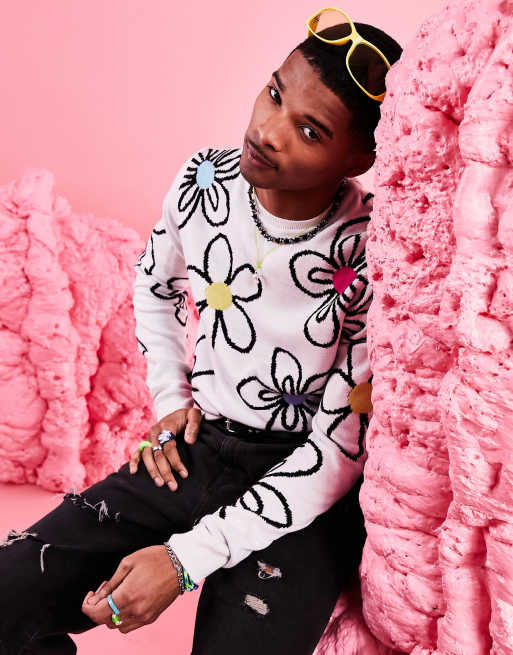 ASOS DESIGN - Maglione oversize lavorato bianco a fiori