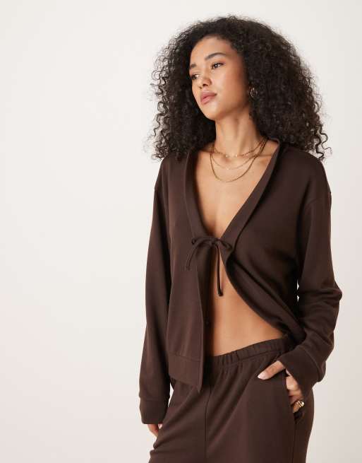 ASOS DESIGN - Maglione oversize lavorato color cioccolato con lacci sul davanti in coordinato