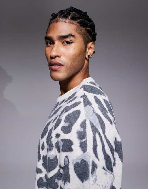ASOS DESIGN - Maglione oversize lavorato grigio con stampa leopardata, 4 di 5