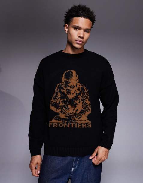 ASOS DESIGN - Maglione oversize lavorato nero con grafica "Frontiers" - view 1