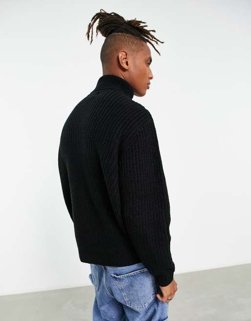ASOS DESIGN - Maglione oversize nero a coste inglesi con collo alto, 2 di 4