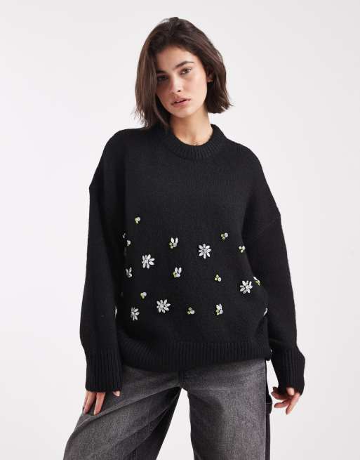ASOS DESIGN - Maglione oversize nero decorato a fiori