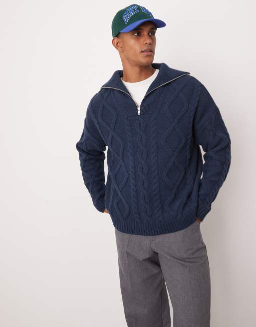 ASOS DESIGN - Maglione oversize pesante blu navy lavorato a trecce con zip corta