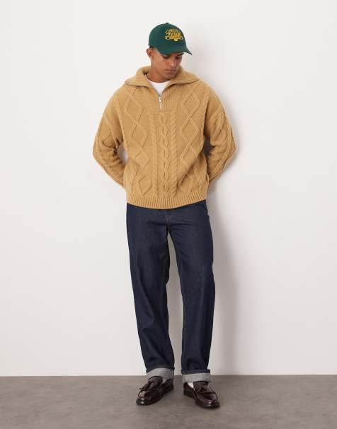 ASOS DESIGN - Maglione oversize pesante écru lavorato a trecce con zip corta - view 1