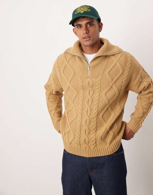 ASOS DESIGN - Maglione oversize pesante écru lavorato a trecce con zip corta, 2 di 4