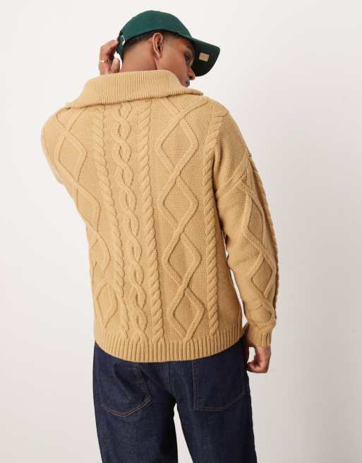 ASOS DESIGN - Maglione oversize pesante écru lavorato a trecce con zip corta, 3 di 4