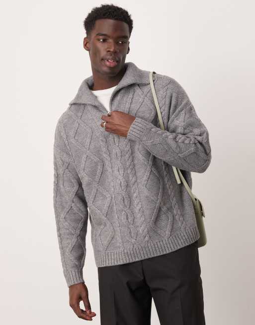 ASOS DESIGN - Maglione oversize pesante grigio lavorato a trecce con zip corta