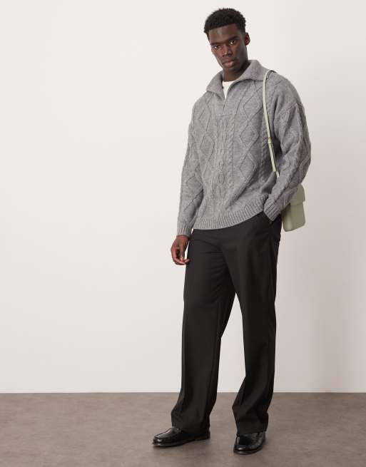 ASOS DESIGN - Maglione oversize pesante grigio lavorato a trecce con zip corta, 3 di 4