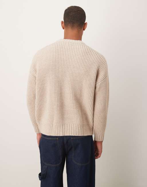 ASOS DESIGN - Maglione oversize pesante in misto lana a coste beige mélange, 3 di 5