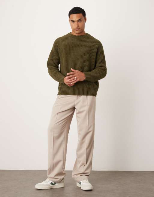 ASOS DESIGN - Maglione oversize pesante in misto lana a coste kaki mélange, 2 di 5