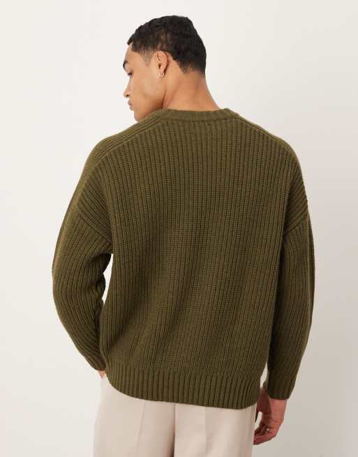 ASOS DESIGN - Maglione oversize pesante in misto lana a coste kaki mélange, 3 di 5