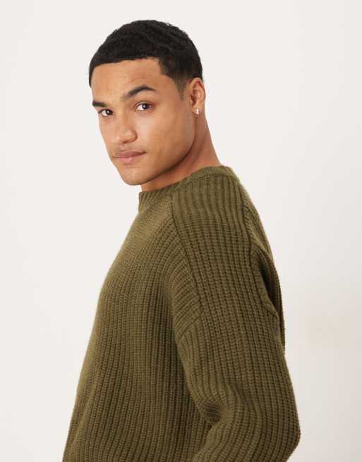 ASOS DESIGN - Maglione oversize pesante in misto lana a coste kaki mélange, 4 di 5