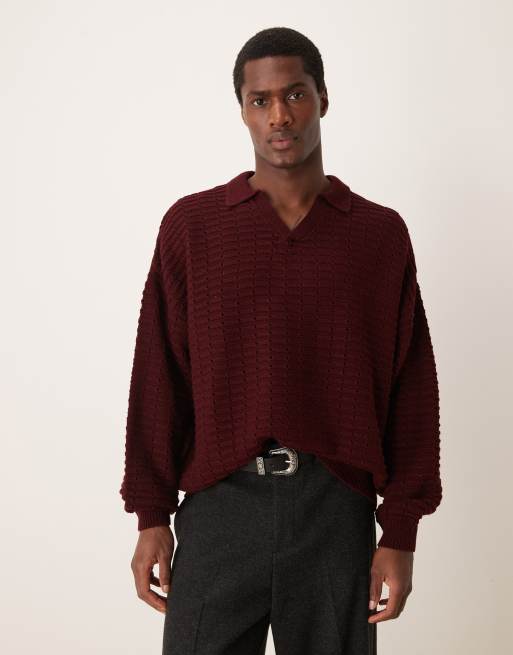 ASOS DESIGN - Maglione oversize squadrato bordeaux testurizzato con intaglio sul collo