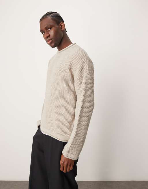 ASOS DESIGN - Maglione oversize squadrato con collo arrotolato color pietra