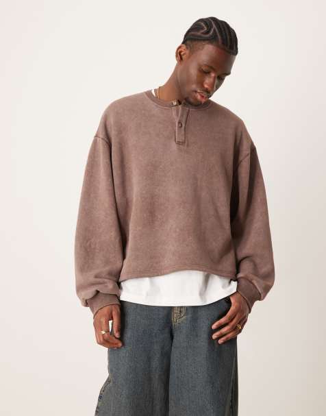 ASOS DESIGN - Maglione oversize squadrato con spalle scivolate marrone slavato con scollo serafino - view 1