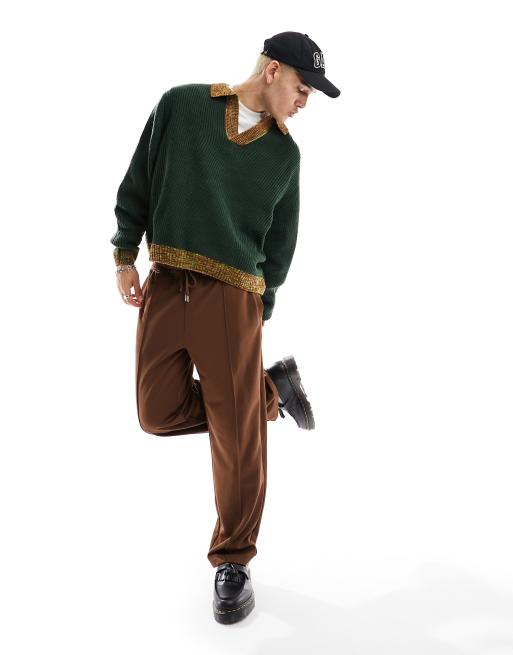 ASOS DESIGN - Maglione oversize verde lavorato a coste inglesi con collo a contrasto con intaglio
