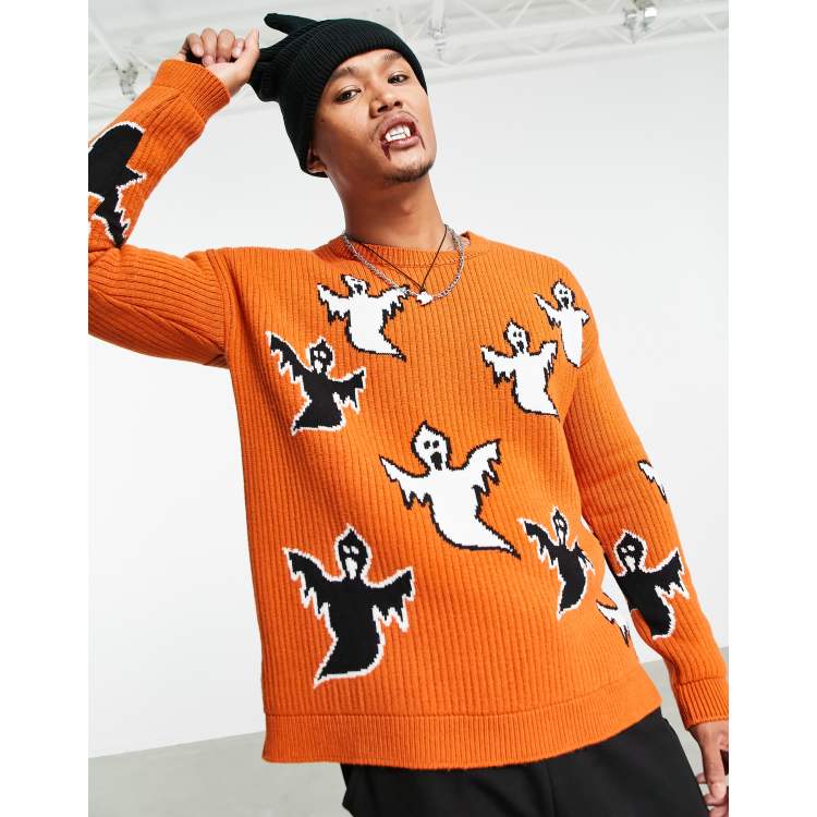 Maglione da donna per Halloween, con stampa di zucche e fantasmi, a maniche lunghe, girocollo, con stampa, carnevale, Halloween, per festival, horror