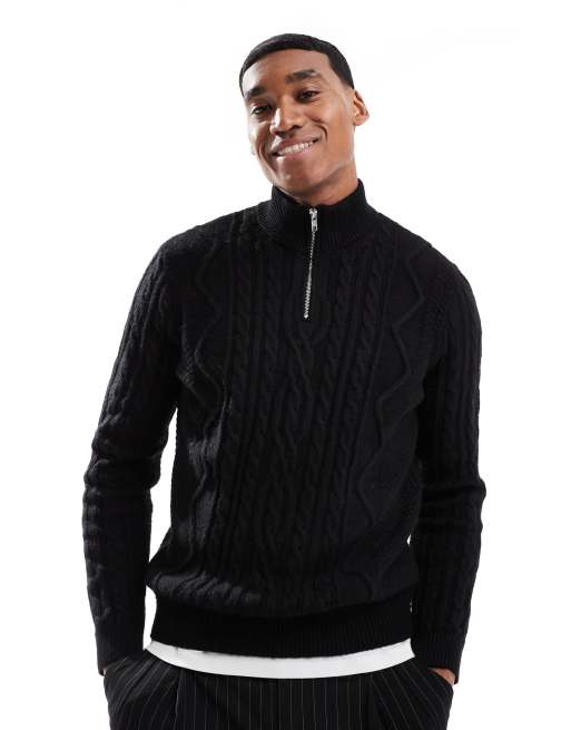 ASOS DESIGN - Maglione pesante a trecce nero con zip corta