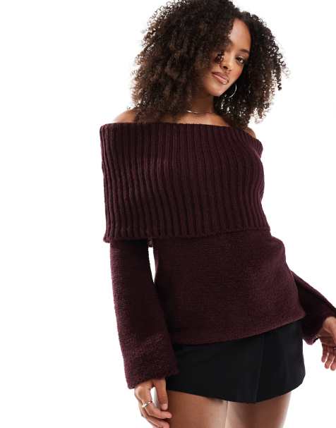 ASOS DESIGN - Maglione pesante bordeaux a coste con scollo alla Bardot - view 1