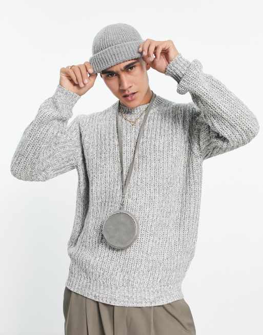 ASOS DESIGN - Maglione pesante girocollo in maglia grigio a coste