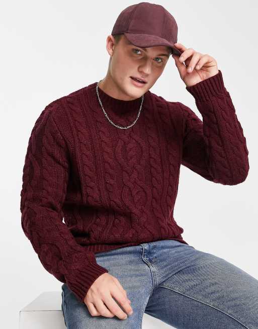 ASOS DESIGN - Maglione pesante lavorato a trecce bordeaux