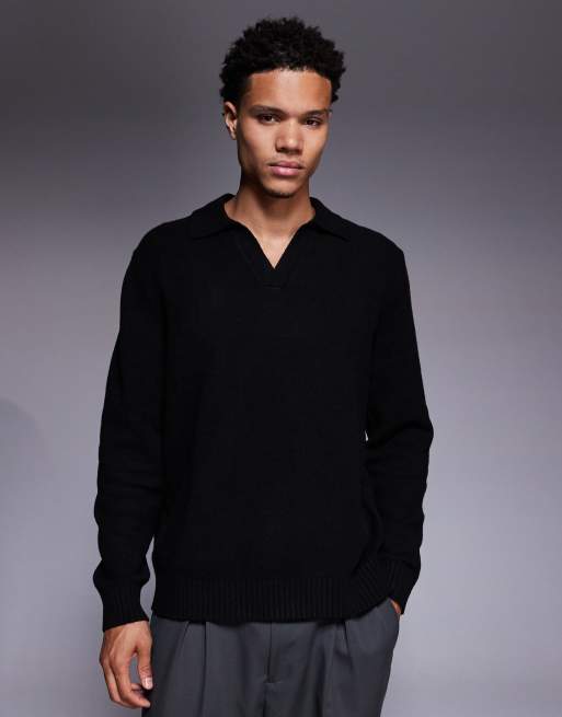 ASOS DESIGN - Maglione polo comodo con intaglio sul collo in maglia soffice nero