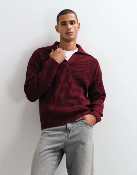 ASOS DESIGN maglione polo lavorato a maglia oversize con collo molto aperto bordeaux - view 1