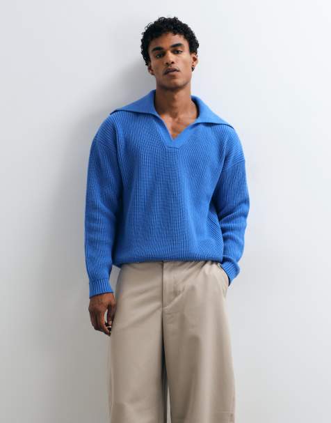ASOS DESIGN maglione polo oversize lavorato a maglia con colletto molto aperto blu cobalto - view 1