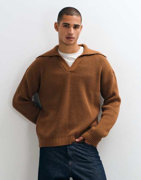 ASOS DESIGN maglione polo oversize lavorato a maglia con colletto molto aperto marrone - view 1