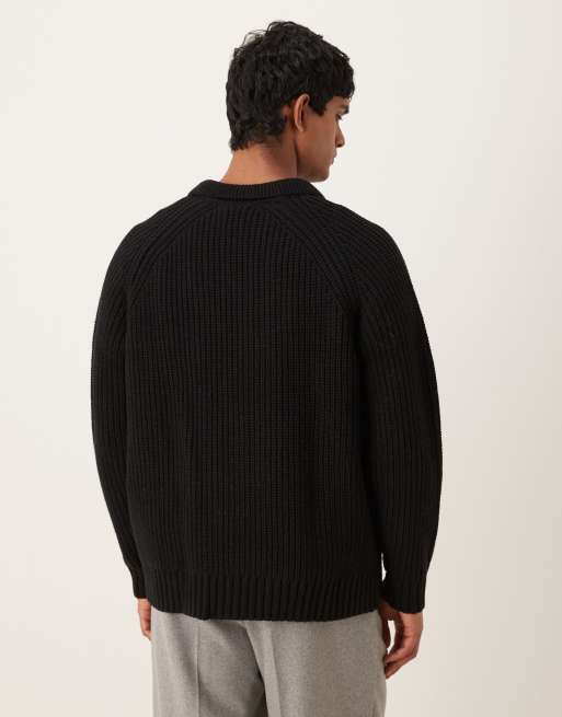 ASOS DESIGN - Maglione polo pesante oversize a coste in misto lana nero, 3 di 5