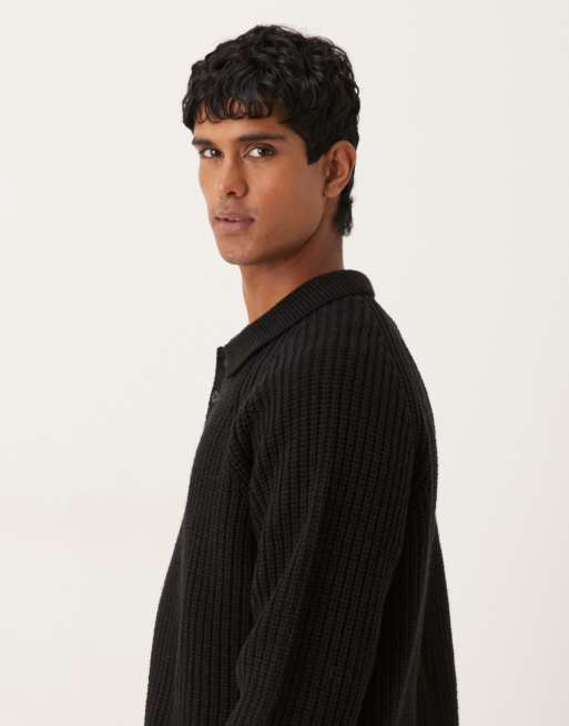 ASOS DESIGN - Maglione polo pesante oversize a coste in misto lana nero, 4 di 5