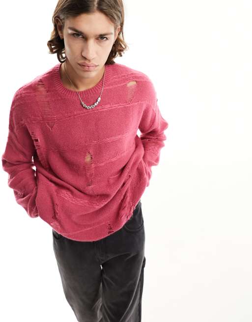 ASOS DESIGN - Maglione rosa con dettaglio smagliato invecchiato