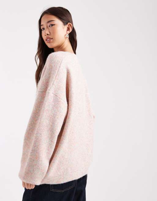 ASOS DESIGN - Maglione rosa mélange lanuginoso con scollo a V profondo, 4 di 4
