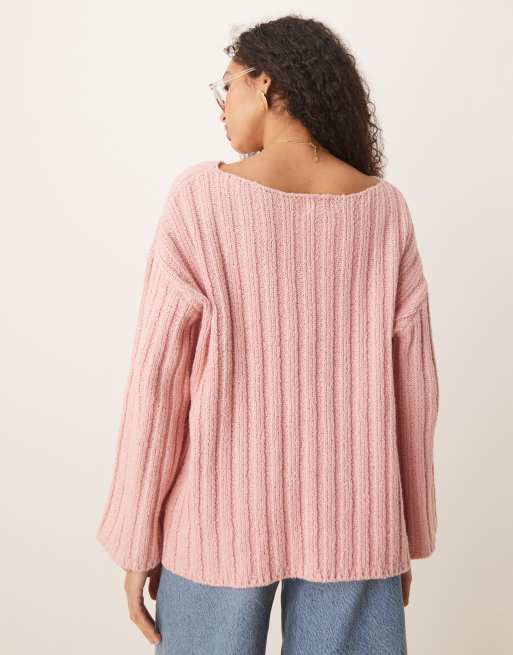ASOS DESIGN - Maglione rosa testurizzato a coste con scollo a barchetta, 3 di 4