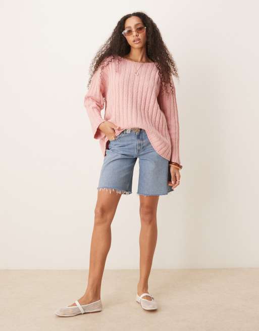 ASOS DESIGN - Maglione rosa testurizzato a coste con scollo a barchetta, 4 di 4